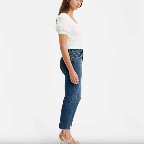 Levis Premium 501 High Rise Cropped Jeans Frayed Hem Med Wash Size 28 Cap E Logo - Picture 11 of 12